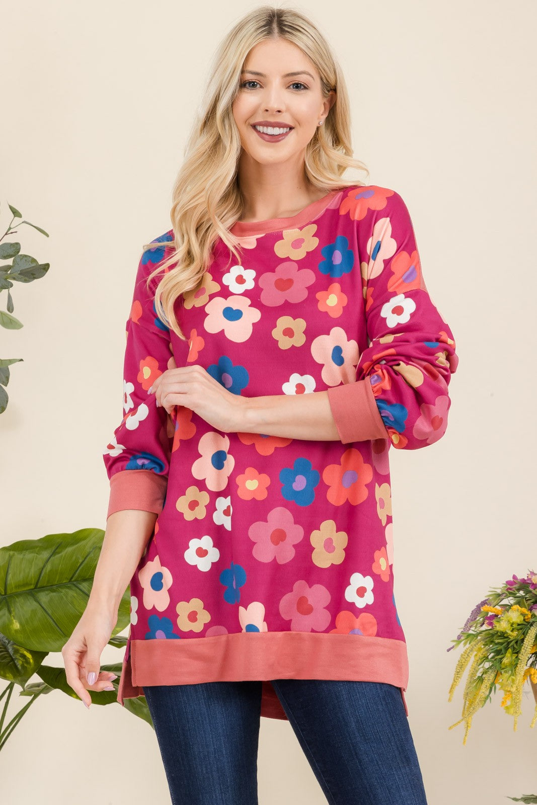 Full Size Side Slit Flower Print Long Sleeve Top